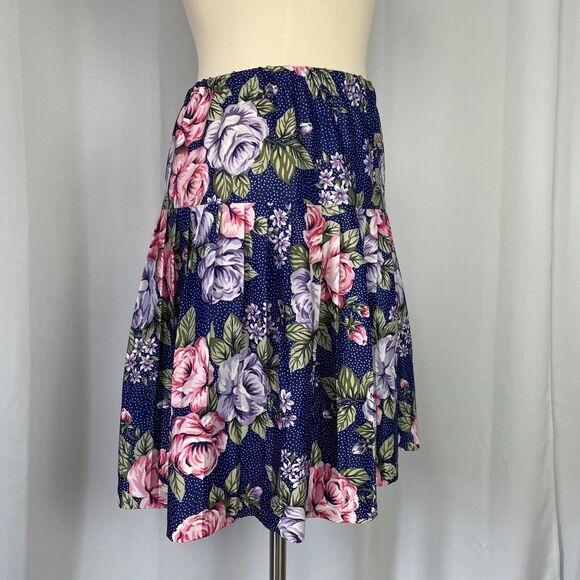 Vintage Pleated Skirt Womens Size 12 Navy Blue Rose Floral A Line Knee Length - Picture 4 of 14